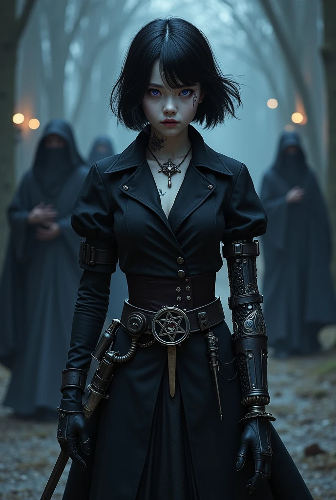 A pale girl with short black hair, violet eyes, From the Middle Ages, realisitic, arcane style, in dark alchemist clothes with a steampunk prosthetic left arm with a pentagram, cut on the face, Dagger at the waist, with a religious group behind, the night, tenebrosa.