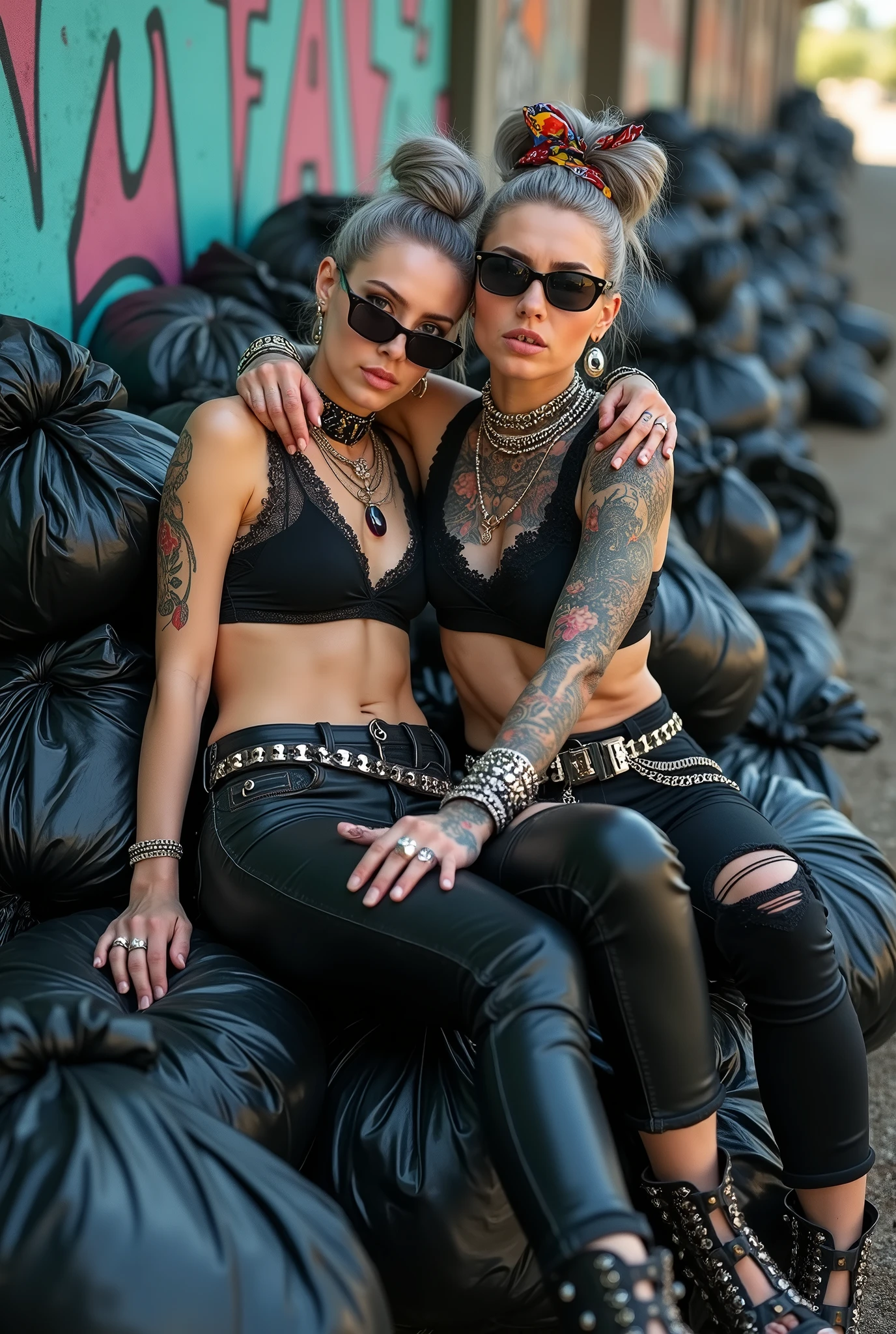 Two russian milf women: the dominant woman with power stance (arm around her partner"s shoulders and grabbing her forearm) protecting the submissive and needy one, who leans her head on the other's chest. different clothes but same rock chic style. grey hair (bouffant, top bun) and oversized square sunglasses and wide colourful bandana as headband. Big lips. Black lace push up bra, silicone breast,, tight skinny black low rise leather and denim jeans. Barefoot with necklaces in ankles. Lots of thick wide studded bracelets, chain necklaces and big rings,. Two loose studded belts. Long earrings with chains and feathers. Sitting on a pile of huge black plastic bags. Lazy, leaning back, laid back pose, separated legs. Neck, chest, stomach, feet, hands, arms and wrists heavily tattoed. Toned abdominals, thin neck, slim legs and thin arms. Narrow hips. Full body. At a dead end street with graffitied walls, ground littered with waste . Nuns get close. Some nuns in the background get close. Full body, seen from above