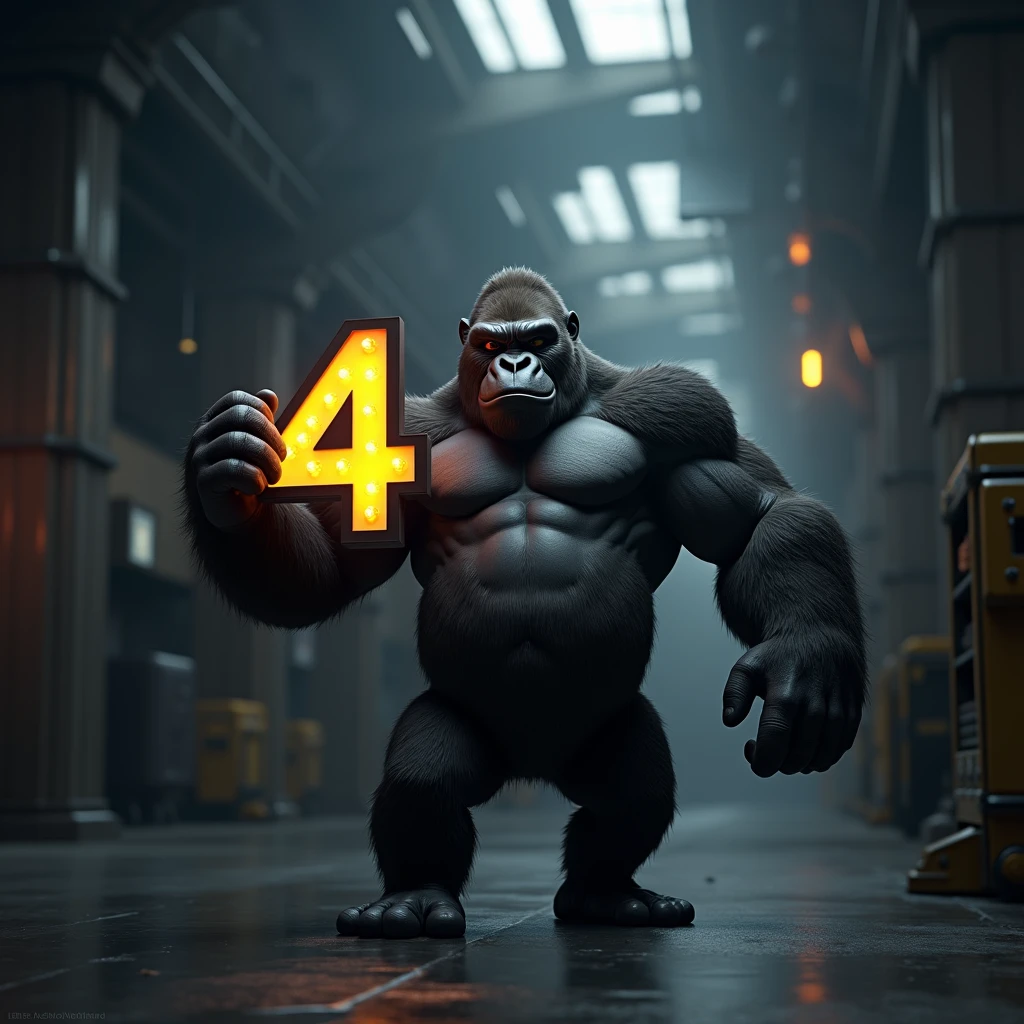 3D Animation、Gorilla holding a number 4 sign、Bodybuilder