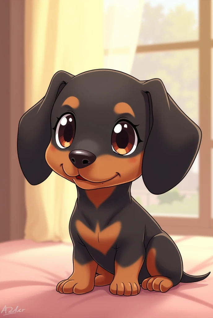 Dachshund、Black Tan、Anime Style、cute、Chibi Character、Good evening pose