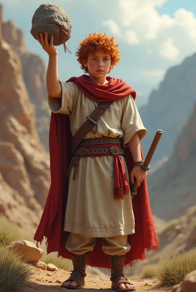 King David, adolescent, HOLDING GOLIATH'S HEAD, AFTER CUTTING WITH A SWORD, red hair, SHEEP SHEPHERD'S CLOTHING, WITH A STONE AND A SLING IN HIS HANDS. 8K realistic picture.
