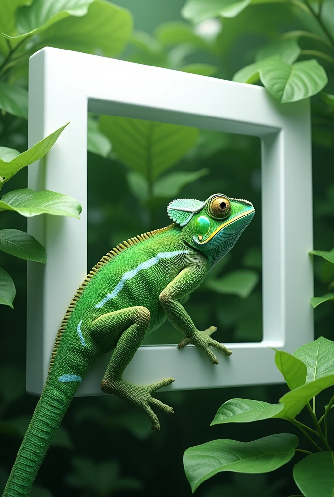 Make a green chameleon coming out of a white square, 3D for a 1024x1024 website with leaves around it resembling nature + GREEN WITH VERY GREEN LEAVES ALSO REMEMBERING SCIENCE


