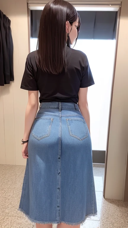 Back view、View from behind、Denim long skirt、sneakers、Short sleeve black T-shirt、One 1 girl、Slim body、Big ass、Narrow waist、Slender legs、Bob Hair、Masterpiece:1.3、Raw photo quality、Highest quality、Detailed Images、on the train、Are standing、Detailed Background、