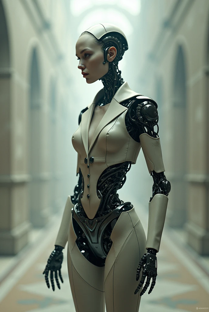 Robot with human head and robot body With clothes