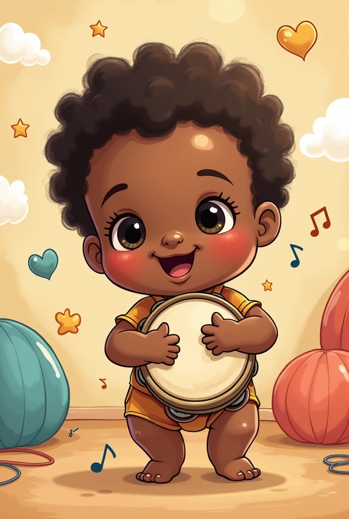 Cute black baby playing tambourine cartoon 