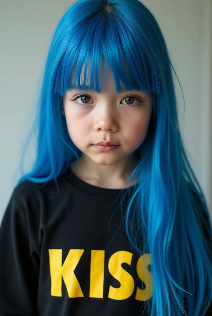 American Girl , long straight completely blue colored hair , she wears a long black t-shirt with KISS written in yellow, closeup