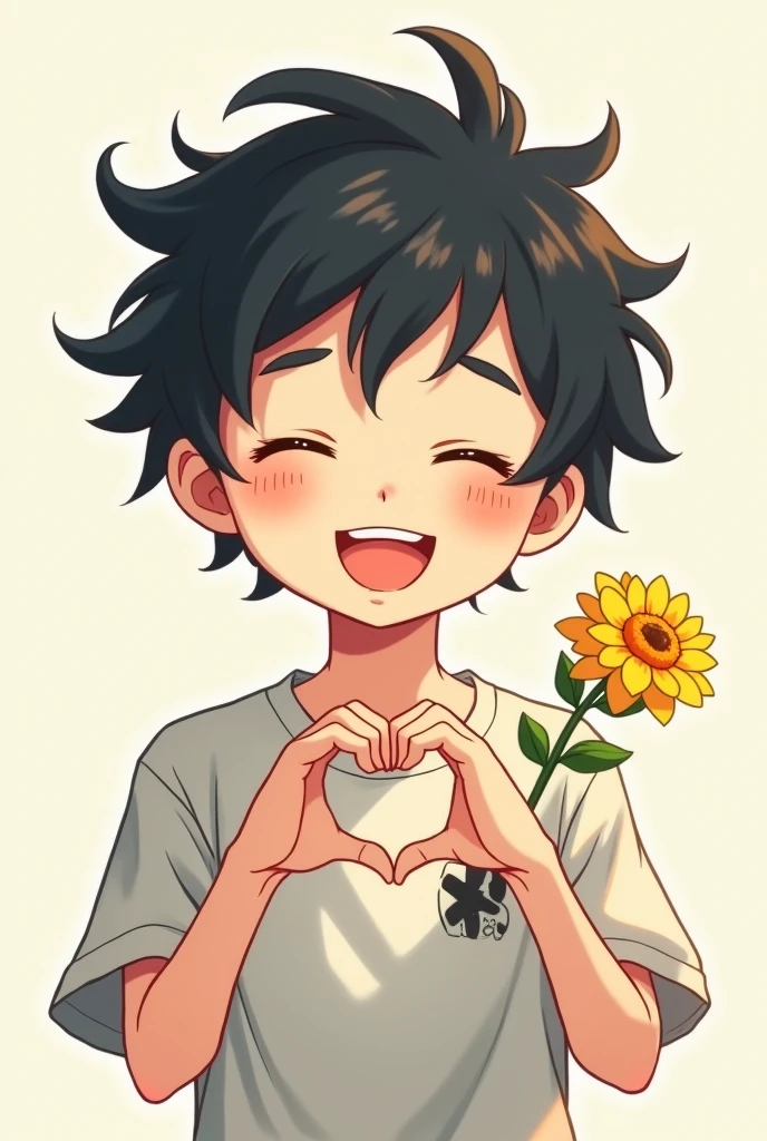 Teenage boy with messy black haircut and skater style and white skin and smiling with eyes closed and offering with one hand a yellow flower and with the other hand making half of a heart in anime style