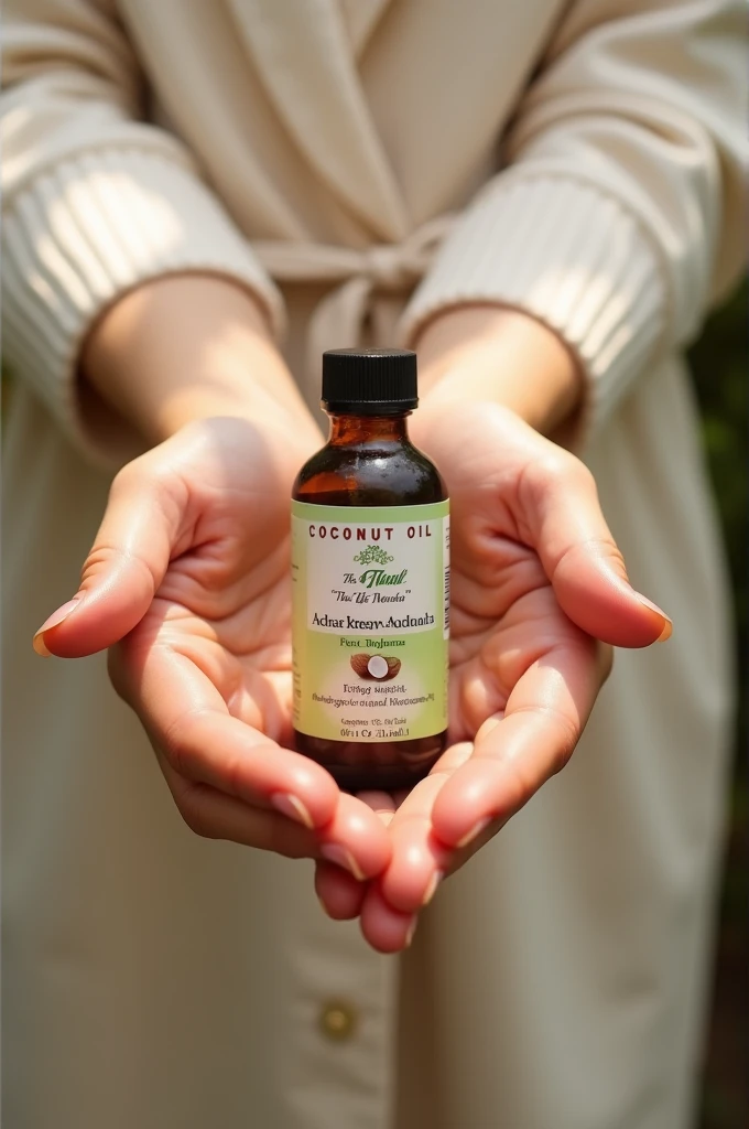 Create an image of two white hands holding a 5 ML coconut oil that says the LIFE NATURAL brand on the coconut oil bottle is for my company 