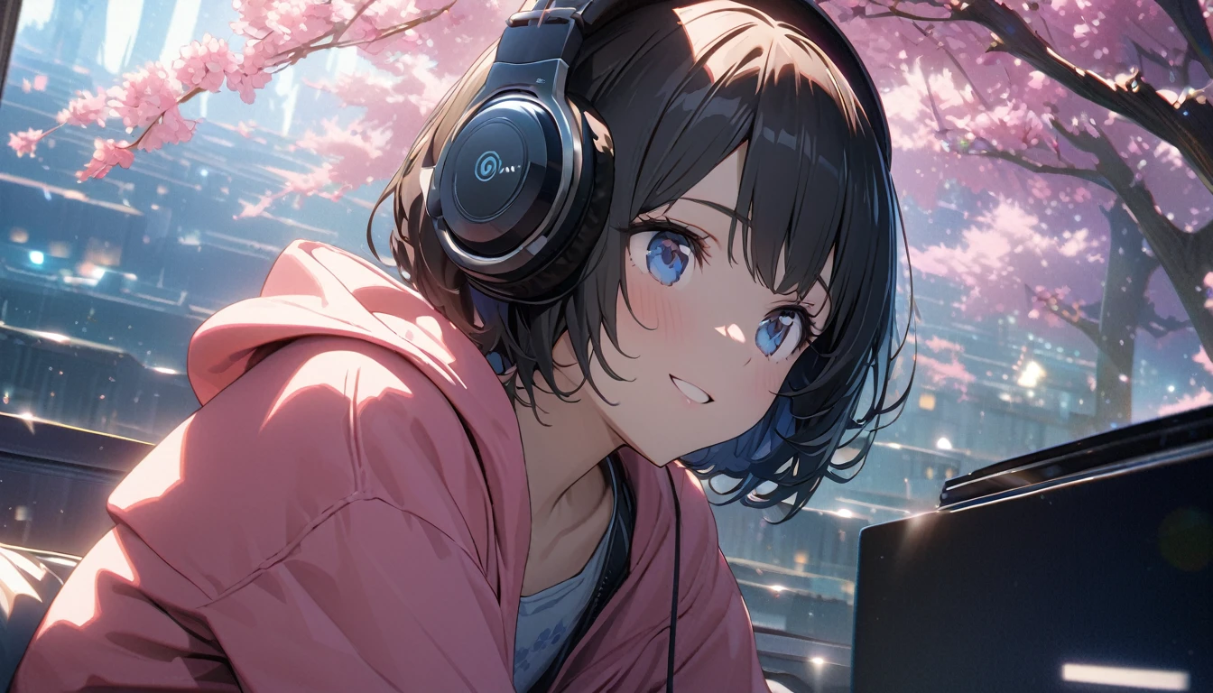 ((ultra-detailed))/(one women with short black hair and bob hair.、beautiful blue eyes,.、smile、gentle smile on her face、flat chest, one Beautiful girl,((masterpiece, illustration, best quality) ((ultra-detailed))/)Masterpiece\,wearing headphones and sitting under the japenese cherry blossom trees while wearing pink hoodie,濃い青とBeautiful Blueのグラデーション, High resolution, 8K HD detail, hyper-detail, cinematic, surrealism, soft light, deep field focus bokeh, ray tracing and surrealism. --v6'