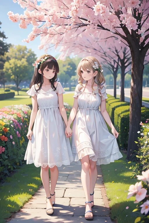 Mother and daughter on a flowery walk in a dress with 3D flowers 