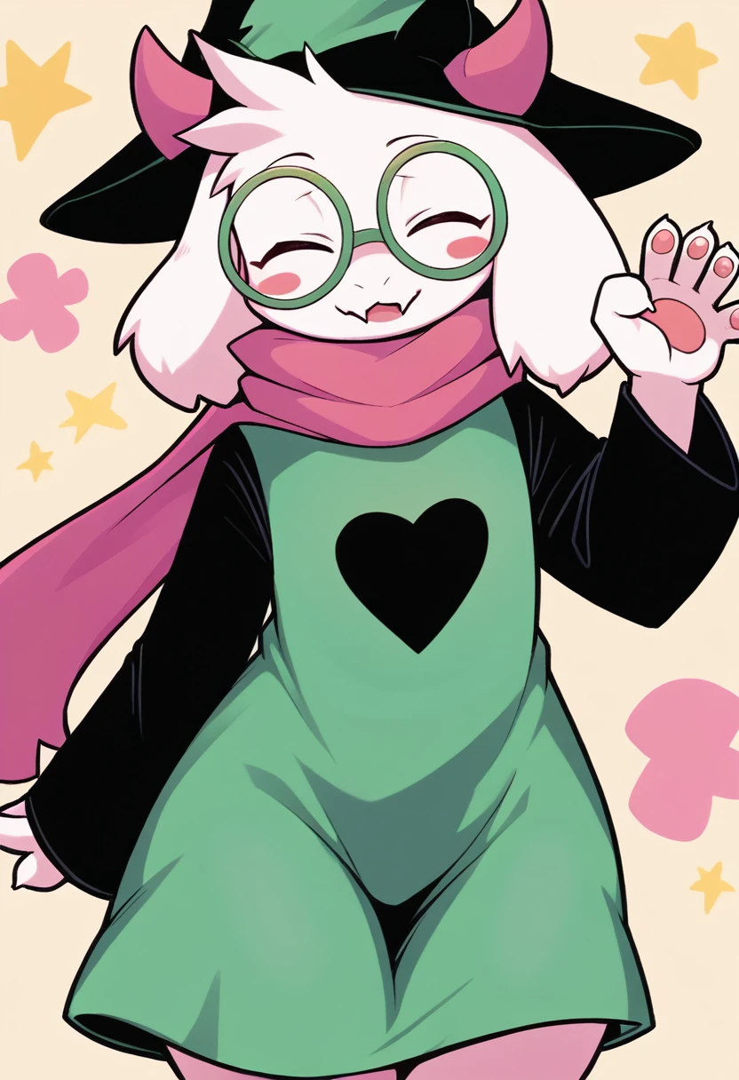  (score_9, score_8_up),furry, fur, face, Ralsei(deltarune), goat, dark fur, Green horns (they're usually pink, but the hat is covering them), black sleeves, cute, green glasses, hat, green shirt, standing, BREAK pepe punch pose,pink scarf,closed eyes, happy, smug face,  wide hips, {{Artist: %greatm8%}},  1furry, solo, blushing, male, Stickers