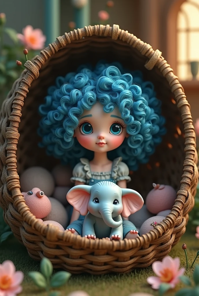 Curly blue haired girl
20 age
with blue eyes
Inside an old basket
There is a cute little elephant
Inside a very dreamy house
style 3D