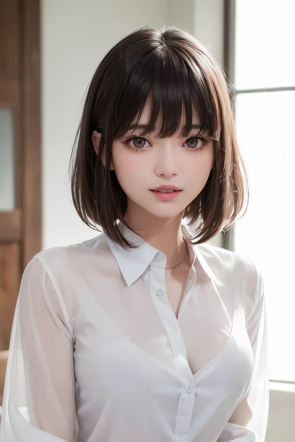 (8k、Highest quality、masterpiece:1.8、bangsのあるショートボブヘア:1.8)、(Genuine、Genuineistic:1.5)、Very detailed、1 girl、cute、alone、Sitting、 (Beautiful symmetrical face、Golden ratio beautiful face、smile:1.4)、(Shut your mouth.)、big chest、Looking into the camera、Looking into the camerachest元、細かくてBeautiful Eyes, Beautiful Eyes、Transparent double eyelids、eyelash、lips、(White shirt:1.9、Beautiful décolletage、chest元に穴の開いたシャツ:2)、(short hair:1.2)、Very black hair:2、(bangs:1.2、美しいbangs:1.4)、Light brown eyes、Long neck、smile、Shut your mouth.、cute face、幸せなsmile:1.6、Beautiful Teeth、Genuineistic skin types、Genuineの質感、Unbutton、淡いピンクのlips、There's Genuinely no background、Genuinely pure white background、2,Natural light、上lipsが厚くない、Hands are lowered、{Huge|big|Hugeな|Mega} chest:2, chestの谷間:2