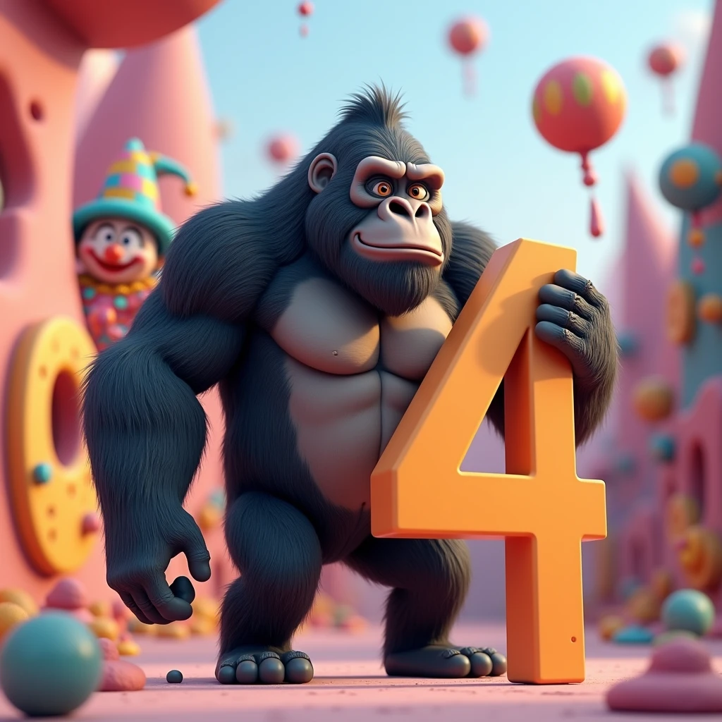 3D Animation、Gorilla holding a number 4 sign、clown
