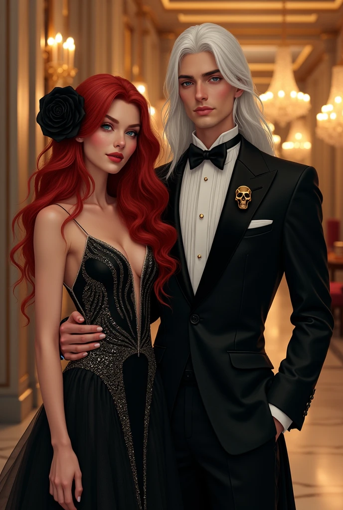 A couple is attending a lavish gala in a grand, opulent mansion. The woman is a young lady with peach skin and long, wavy red hair. She is wearing a striking black and silver evening gown adorned with a black rose in her hair, exuding elegance and confidence. Beside her stands a handsome man with long white hair, dressed in an all black suit, exuding elegance and a mysterious aura. A golden skull is pinned to his lappel. The atmosphere is luxurious, with chandeliers casting a warm glow over the scene. (Digital art)