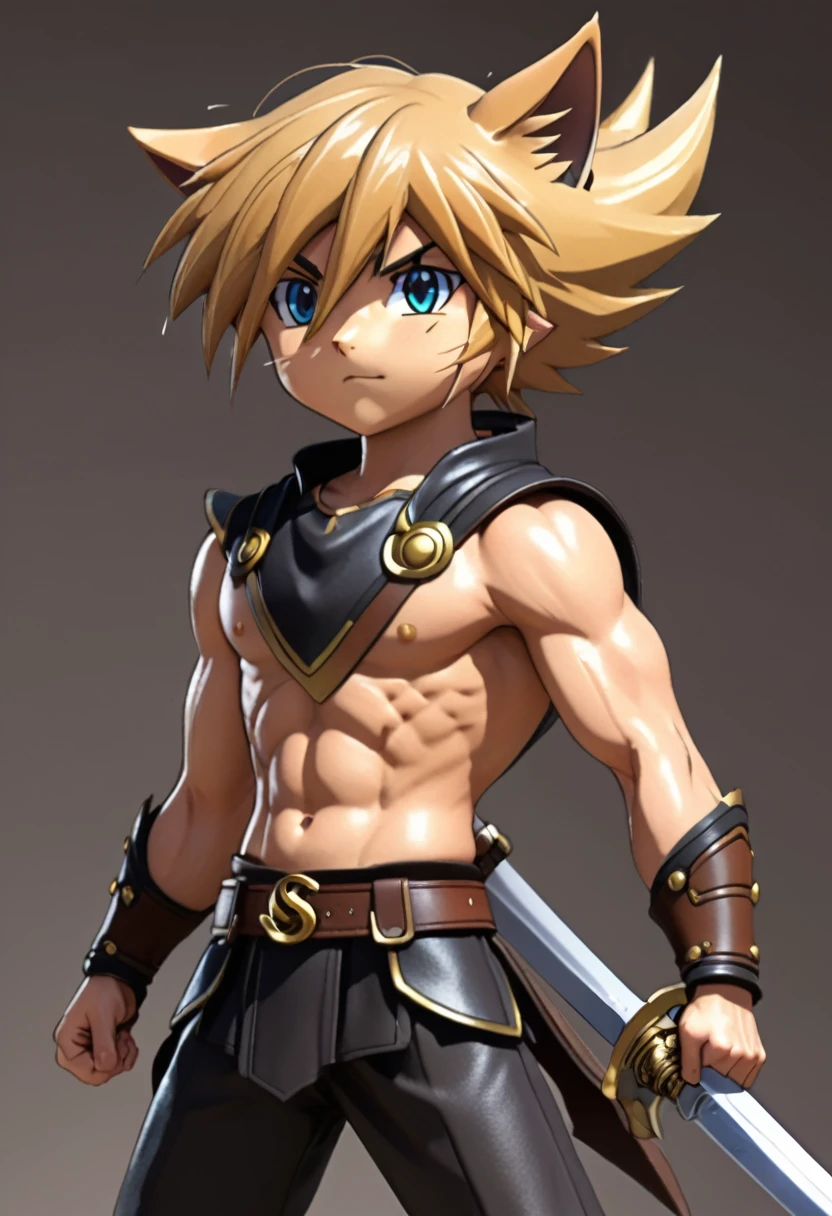 young,, Cat ear, (, sweating), Trained abdominal muscles, Chiseled pectoral muscles, 真swordな表情, ((3D anime art style)), sword, Combat Stance, Leather Strap, Leather Armor,juvenile,Huge muscles,Huge erect penis