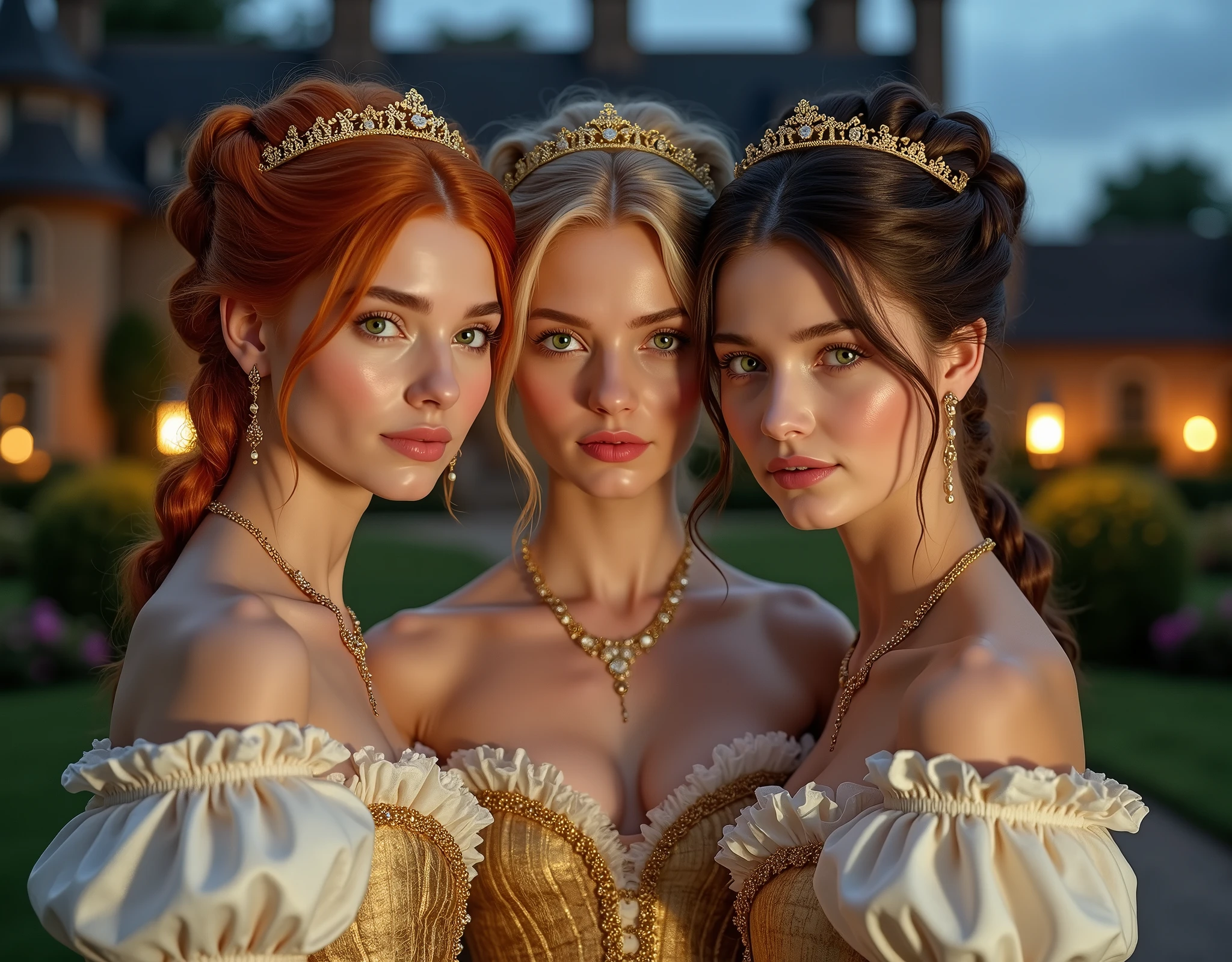 in Bridgerton, 3 girls, twins, 21 years, in England 1803, one redhead ((ginger)), one blonde, one brunette, perfect green eyes, buns with braids, sides, built-in and with crown, ((best quality)), ((master piece)), (detailed), perfect face, beautiful, skinny, slim body, corset and gloves, golden and white underware, pearls, jewelry, in front of a castle house, rustic house, night time, flambeau fire, perfect garden, flowers, Prom 