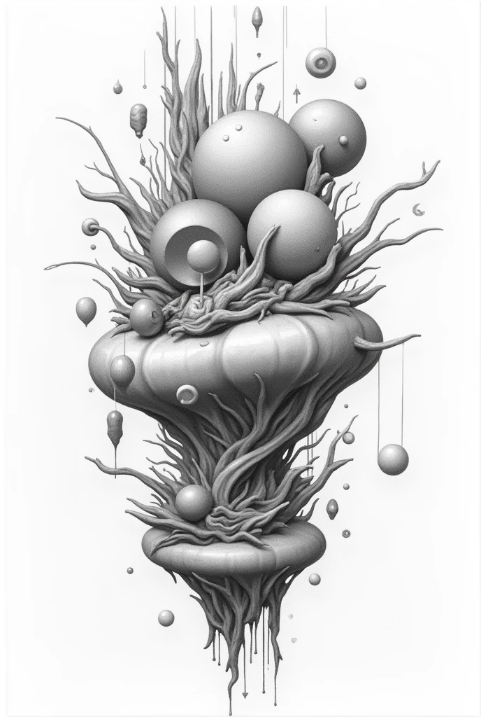 create an image without colors, with abstract shapes that refer to the surrealist style, to paint with colored pencil later