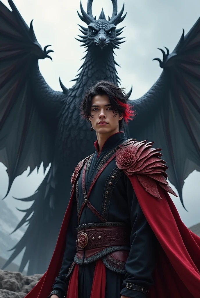 A 1 American teenage warrior man prince.

Her medium black hair with red tips and her blue eyes.
The prince&#39;s clothing must be black with red. Behind him is a black dragon phoenix..
Must have American features. 
