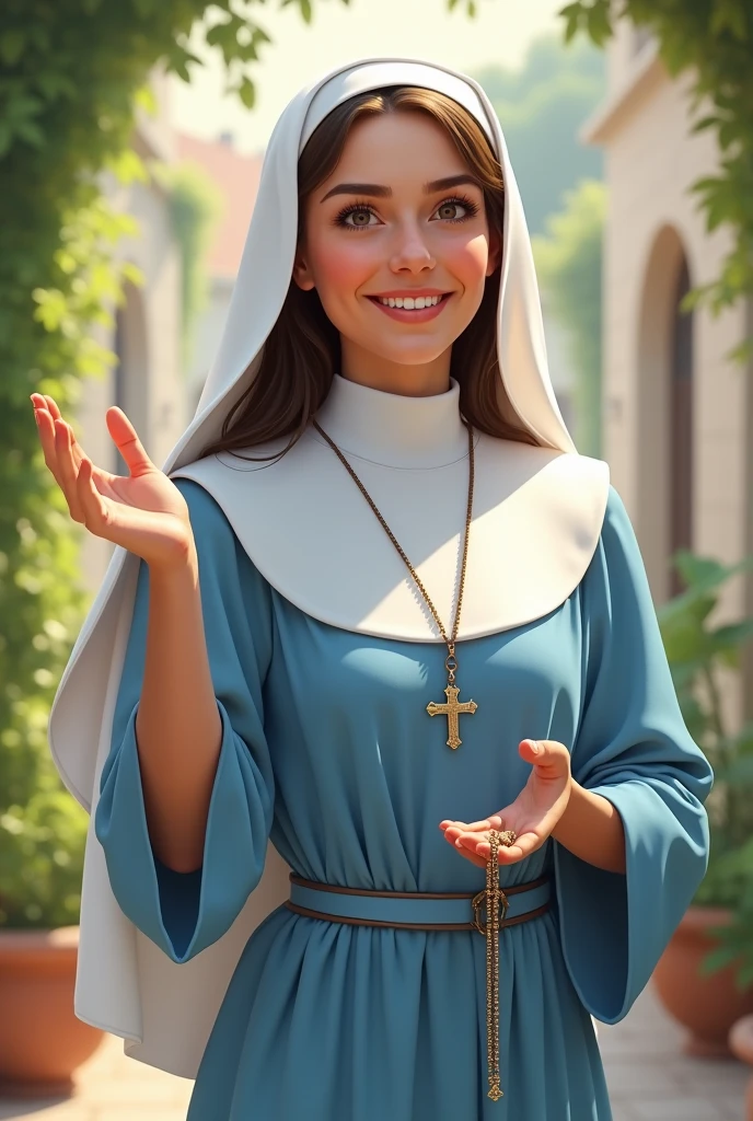 A young brunette nun with a white veil, I wear a sky blue dress, with cross necklace, rosary at the waist, calling with the hand, with a very beautiful smile
