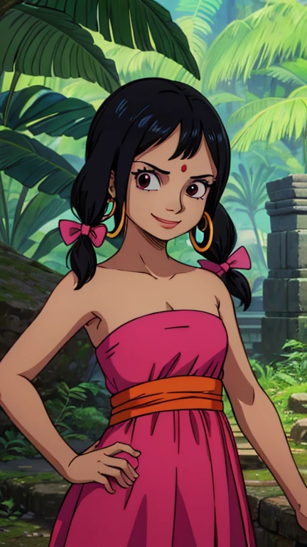 (1girl, child, shanti), (extremely detailed CG unit 8k wallpaper),(master part), (best quality), (ultra detail), (best illustration),(One Piece Style), cowboy shot, (Sharp eyeliner, ombre, detailed eyes:1), ancient Indian temple ruins, rainforest background, break , upper body,pink strapless dress,  black hair, twintails , bow, brown eyes, hoop earrings,  red sash,  smile, teeth,