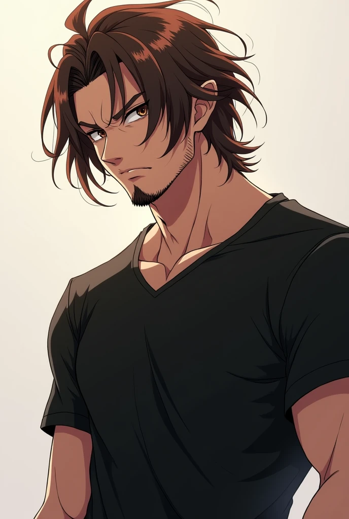 Make a male anime character, dark eyes and long brown hair, with a goatee and a black t-shirt.