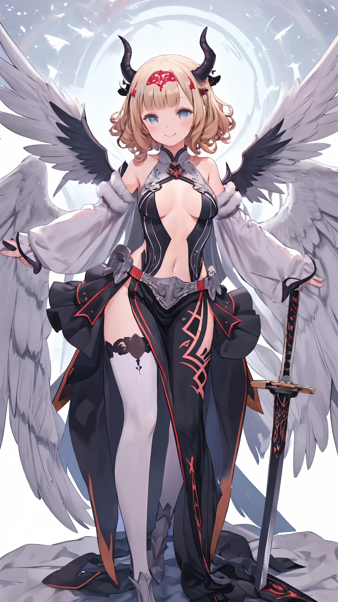 fantasy, 1devil_girl, low_, platina_blond_curly_hair,long_bangs,bare_shoulder, navel out, thighhighs,silver_armor, white_wears,waist_armor, long_Glebe, hold_swords, medium_breasts, dynamic_flying_pose, (1pair_Black_wings:1.2),(pelvic_curtain:1.3), silver_Headgear ,looking_down_at_sunrise_city_sky_background,,slightly_spread_legs, ,solo,horn ,smile,,open_legs,open_arms,rise_knee,rise_leg,rise_thigh,rise_leg,forward_leaning_posture,apart_legs,