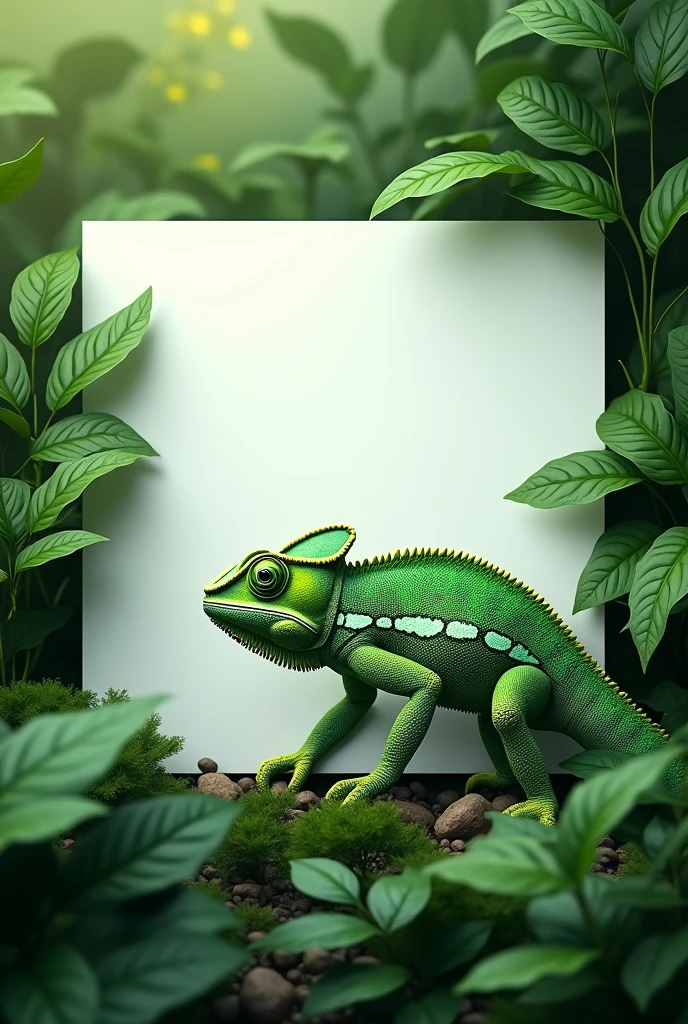 Make a green chameleon coming out of a white square, 3D for a 1024x1024 website with leaves around it resembling nature + GREEN WITH VERY GREEN LEAVES ALSO REMEMBERING SCIENCE, Exiting to the right appearing on the screen