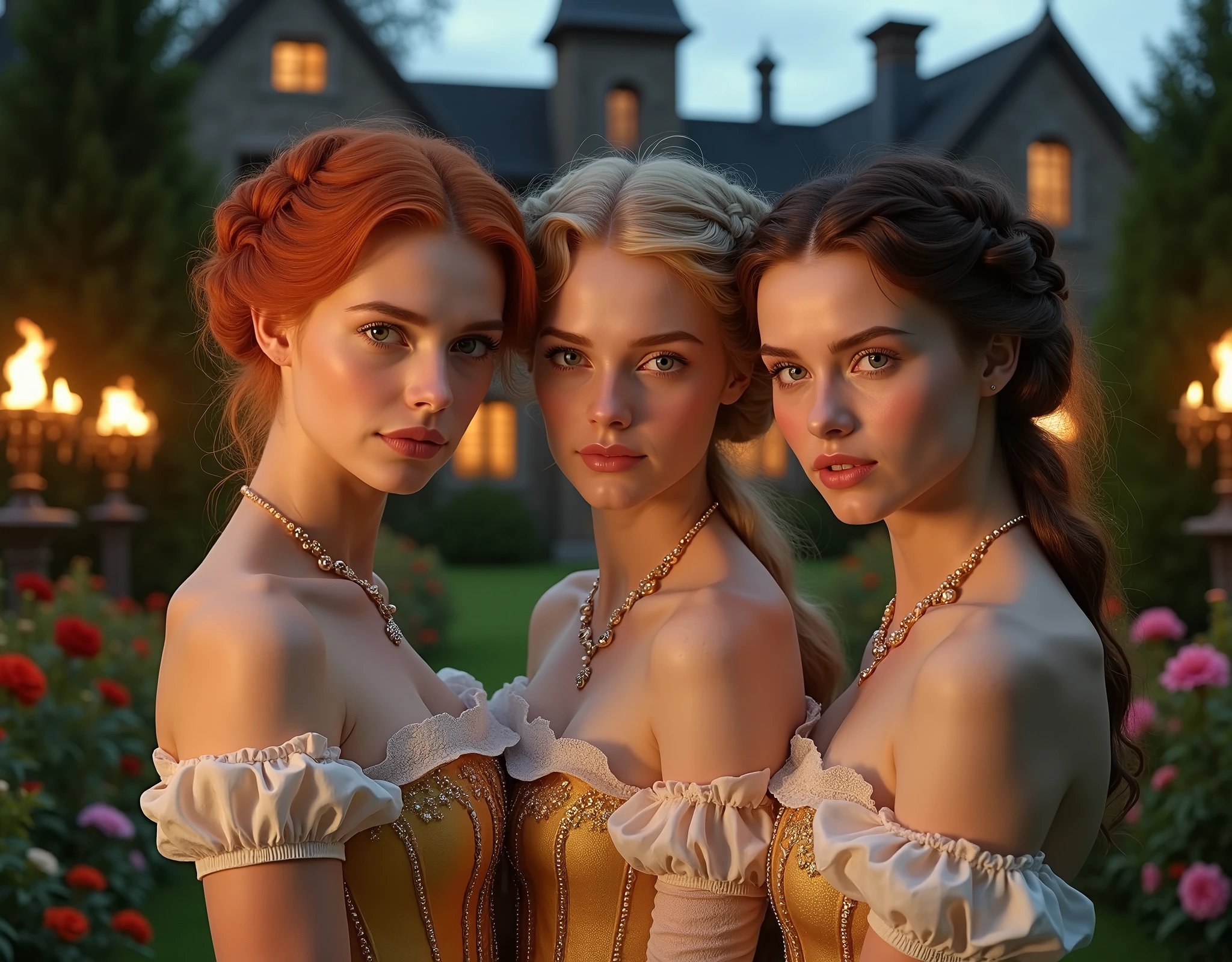 in Bridgerton, 3 girls, twins, 21 years, in England 1803, one redhead ((ginger)), one blonde, one brunette, perfect green eyes, buns with braids, sides, built-in and with crown, ((best quality)), ((master piece)), (detailed), perfect face, beautiful, skinny, slim body, corset and gloves, golden and white underware, pearls, jewelry, in front of a castle house, rustic house, night time, flambeau fire, perfect garden, flowers, Prom