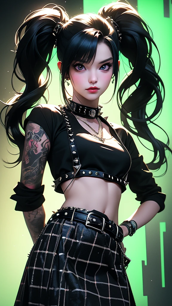 liquid ink sumi drawing, poison green color scheme, acid noir neon punk, 1girl, belt, spikes, skirt, solo, collar, shirt, long hair, studded belt, checkered, crop top, jewelry, twintails, belly, checkered skirt, necklace, studded collar, t-shirt, studded collar, looking at viewer, belt buckle, studded bracelet, spot color, pentagram, smile, buckle, (best quality,4k,8k,highres,masterpiece:1.2),ultra-detailed,(realistic,photorealistic,photo-realistic:1.37),VFX,UHD,HDR,3d unreal render