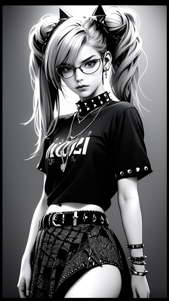 liquid ink sumi drawing, poison green color scheme, acid noir neon punk, 1girl, belt, spikes, skirt, solo, collar, shirt, long hair, studded belt, checkered, crop top, jewelry, twintails, belly, checkered skirt, necklace, studded collar, t-shirt, studded collar, looking at viewer, belt buckle, studded bracelet, spot color, pentagram, smile, buckle, (best quality,4k,8k,highres,masterpiece:1.2),ultra-detailed,(realistic,photorealistic,photo-realistic:1.37),VFX,UHD,HDR,3d unreal render