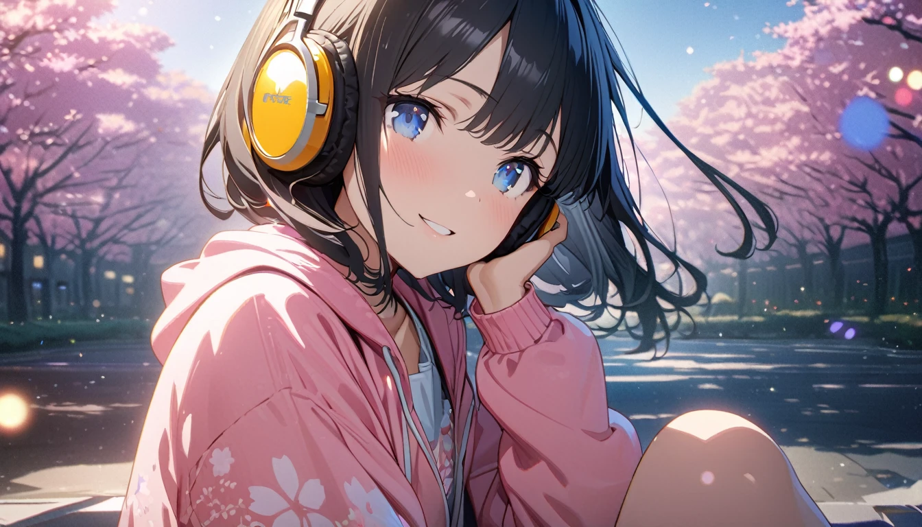 ((ultra-detailed))/(one women with short black hair and bob hair.、beautiful blue eyes,.、smile、gentle smile on her face、flat chest, one Beautiful girl,((masterpiece, illustration, best quality) ((ultra-detailed))/)Masterpiece\,wearing headphones and sitting under the japenese cherry blossom trees while wearing pink hoodie,濃い青とBeautiful Blueのグラデーション, High resolution, 8K HD detail, hyper-detail, cinematic, surrealism, soft light, deep field focus bokeh, ray tracing and surrealism. --v6'