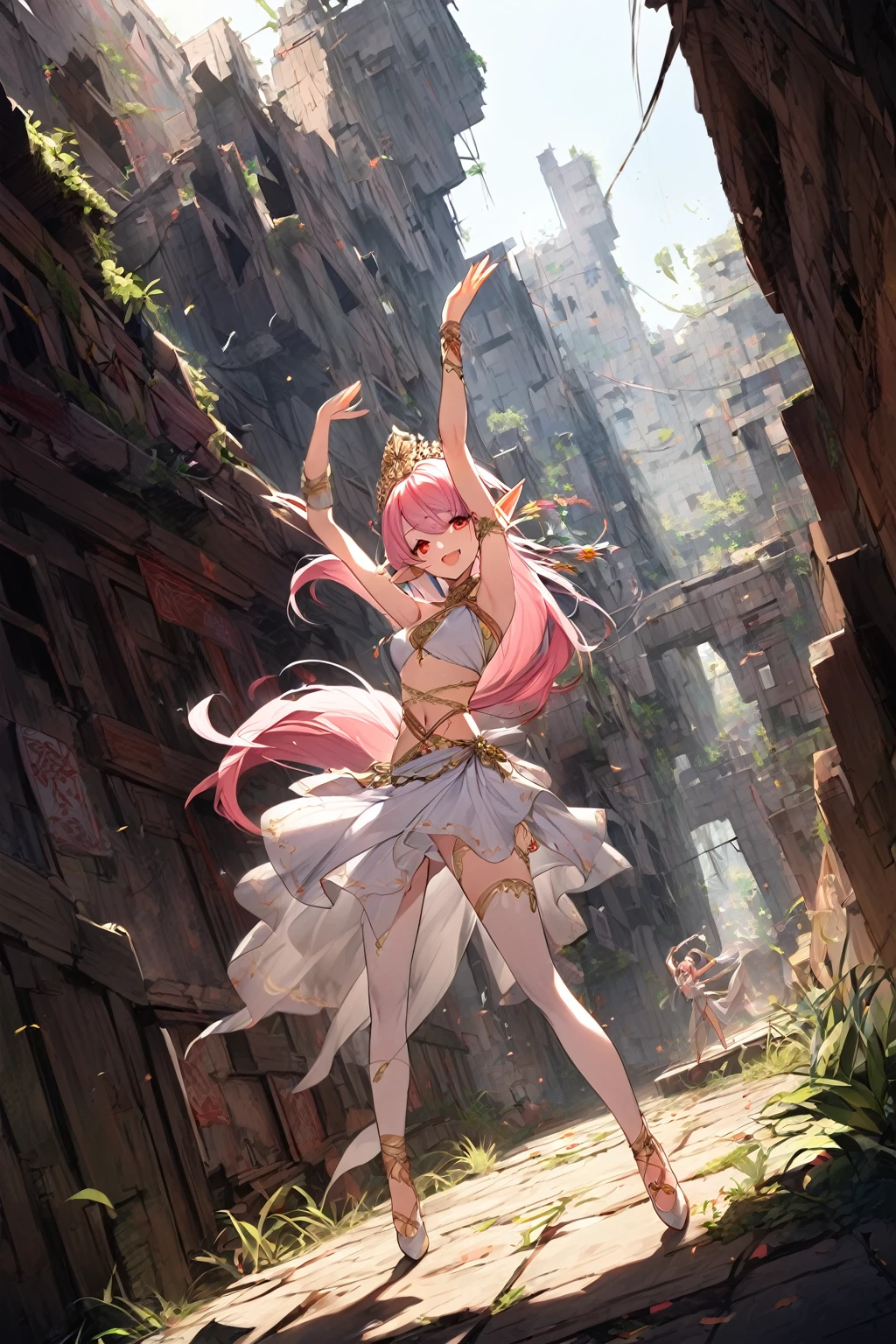 1 girl, Female Elf, , Long, straight pink hair, thin white clothing, dancer costume , Red eyes, smile,laugh,white skin,standing,ruin place background,((dynamic pose)),((dynamic angle)),