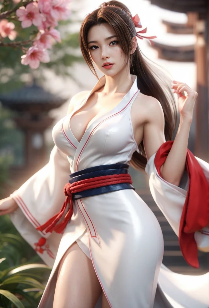 Mai Shiranui, (best qualityer,ultra details),(realisitic:1.37), beautiful and detailed face, ultra-realisitic texture, Exquisite face, athletic body, bright coloured. High definition, 8k, wearing red lipstick, rosy cheeks.