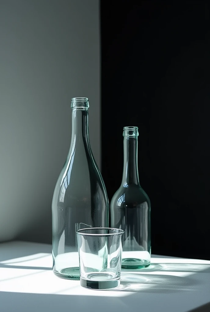 I want you to generate an image that contains a glass bottle that measures more than 20 cm and a glass cup that measures less than 15 cm.. These objects must be placed on a flat surface., which will first be covered with a white sheet or cloth as a base. then, light must be projected (It can be from a desk lamp or a cell phone) on the composition to enhance tonal variation. Posteriorly, both the base and the background will be changed to black.

First picture:

In the first composition, The bottle should be placed in an upright position and the glass should also be placed in an upright position., ambas on the white base and background.
then, objects must be horizontal, with the bottle and glass displayed from the front, pero ahora on the base and black background.
Second image:

In the second composition, The bottle should be horizontal and the glass horizontal., viewed from the nozzle, on the white base and background.
then, The bottle and glass must remain in a horizontal position., but the cup must be viewed from the base, on the base and black background.