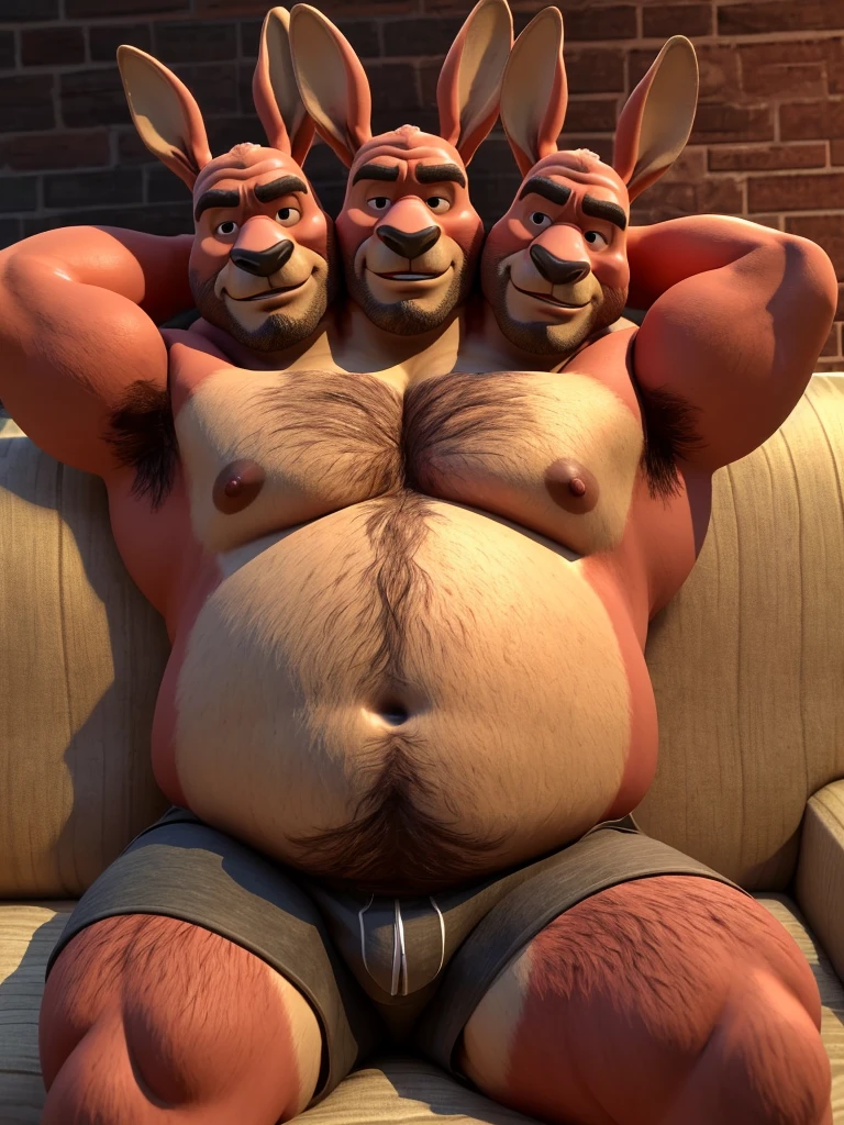 solo, kangaroo, twins, 60 year old male, different facial expressions, three identical heads attached to the same body, kangaroo ears, bald, red fur, masculine, three necks, small eyes, adult, male, (3d, by Disney), ugly, (overweight, fat, obese, big belly), beards, stubble, basement background, (shirtless, navel, male nipples, boxers), correct hands, correct anatomy, (ultradetailed, best quality, detailed masterpiece, highly detailed masterpiece, 4k, professional cartoon:1.7), (natural pose, sexy pose), ((hands behind head, sitting on couch, leaned back, hairy armpits))