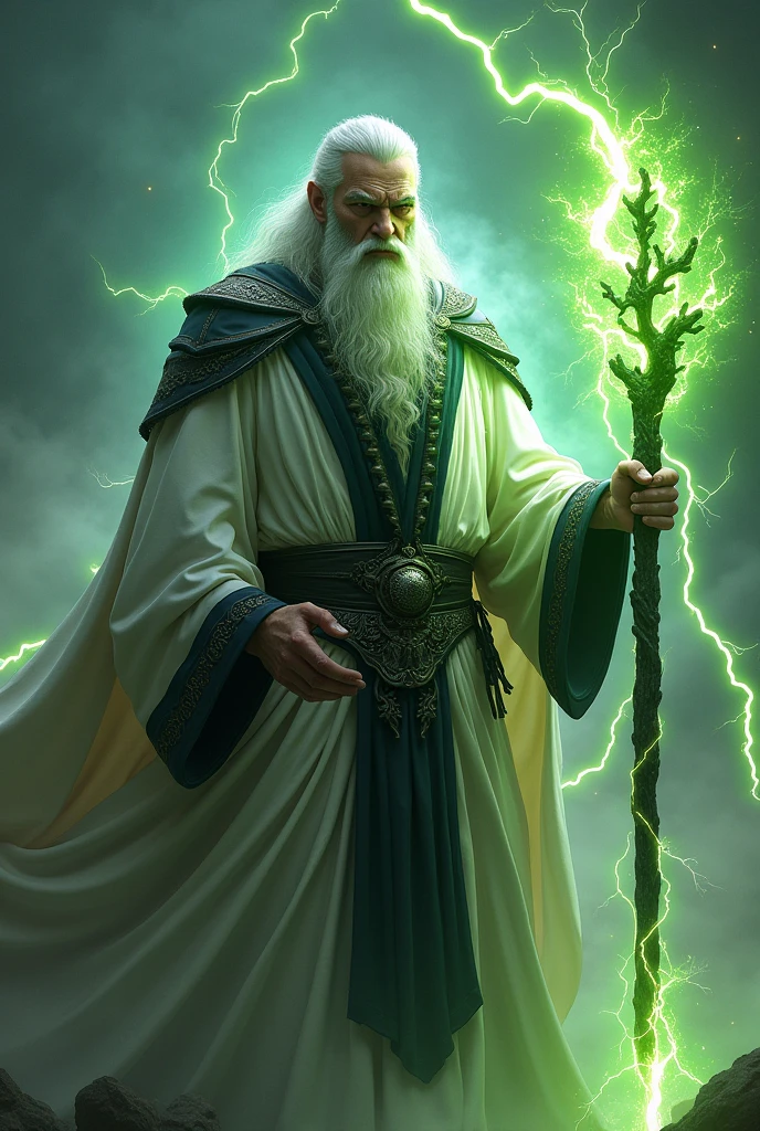 an ultra realistic image of a super powerful wizard, brawny, fair skin and grayish white hair, powerful and intimidating posture, wears a white tunic with black details, the tunic is half burnt due to the intense electricity, black lightning of power, exuding black rays from his body and eyes intensely, holding a mystical staff of green aura, without rays, that emanates a spiritual energy similar to fire