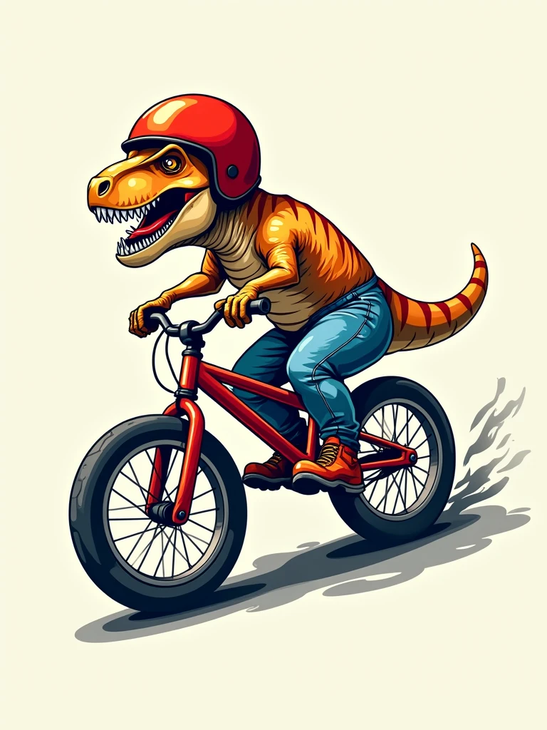  A logo sport,a dinosaur T-rex red wearing helmet, a jean, shoes is riding on a balance bike and dangling its legs with a cool image, more detail, enhanced, poakl