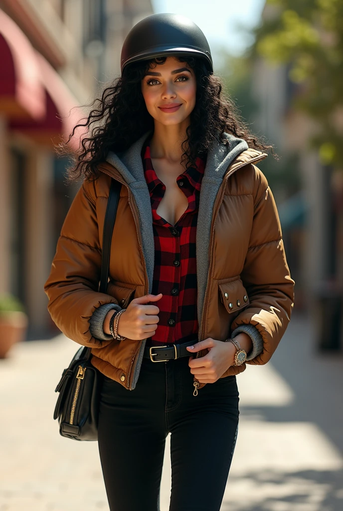 Full body misterious hidden face and mouth by biker helmet over head and face, covered mouth, white skin latin woman, 5'7" tall, medium curly black hair, deep green eyes, wearing zip up brown quilted down nylon jacket with golden buttons, closed zipped up gray hoodie jacket under nylon jacket, black bell bottom pants, rolled up sleeves, zipping up jacket, up collar, cleavage, red and black plaid formal button down blouse under hoodie jacket, happy smile, walking on shopping center, high hill sandals, summer sunny day, bag, watch and bracelet, neck chain, ear rings