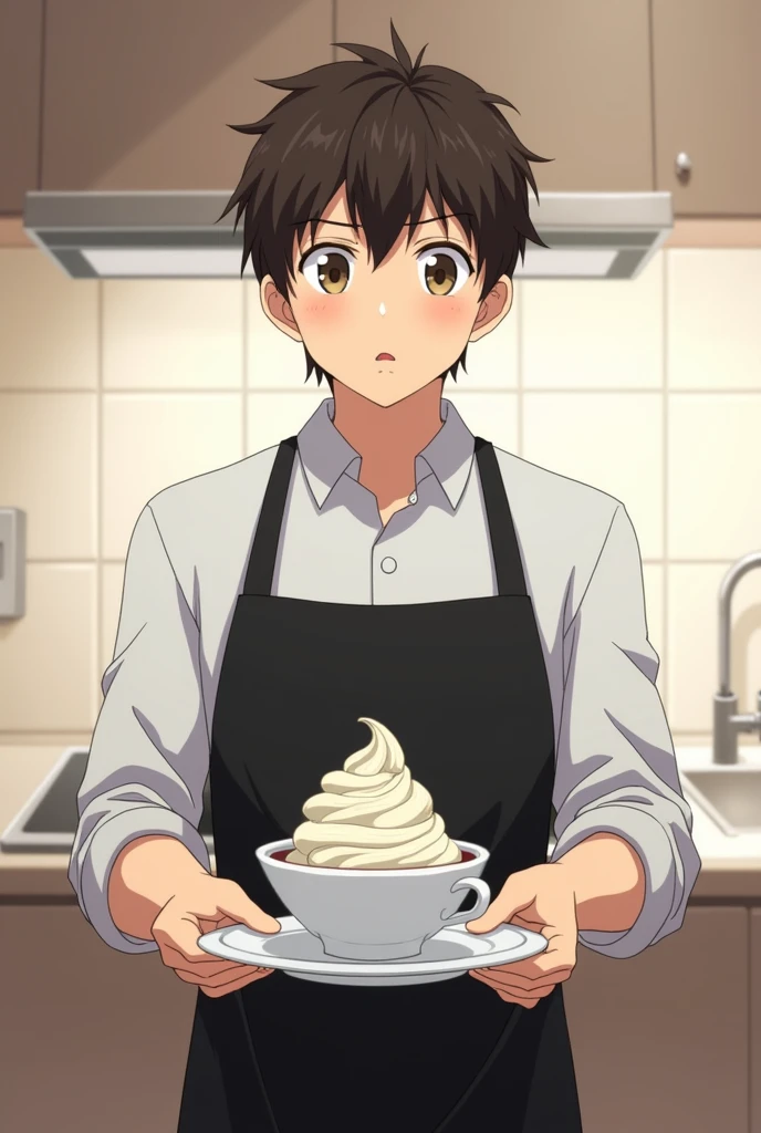 Person holding a plate with oreo cream on top in a bowl anime wearing a black apron man