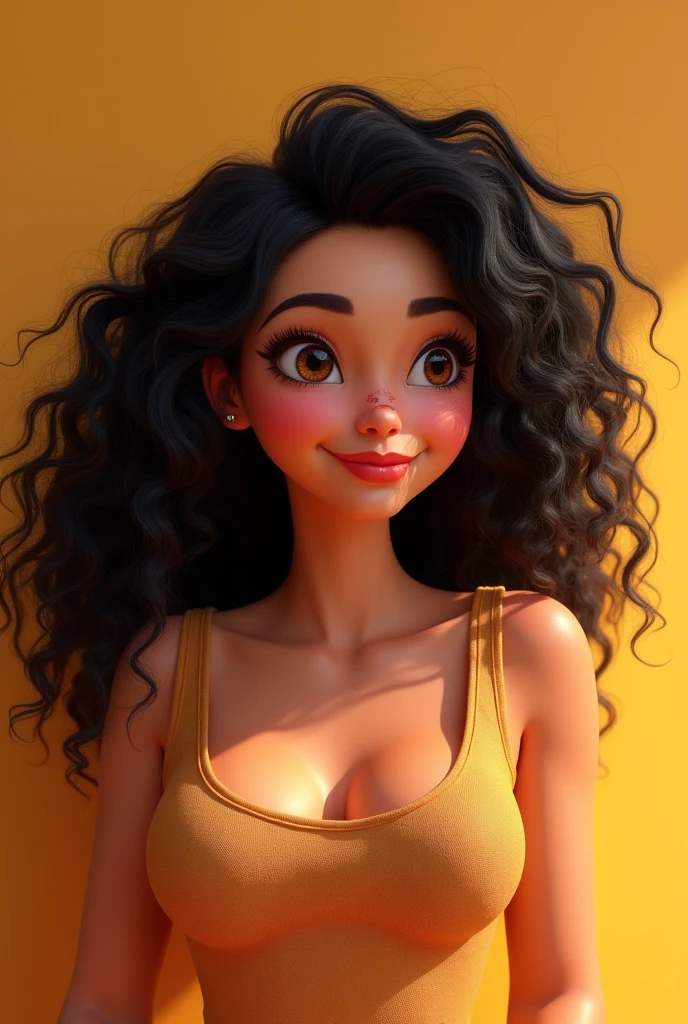 Brown fat woman dark curly hair to shoulder dark round eyes birthmark under mouth round face Pixar 3d curly hair 
