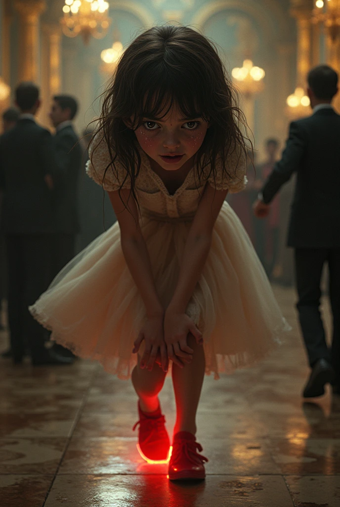 A realistic portrait of a young girl, appearing no older than or 14is still dancing in a grand, lavish ballroom. Her face is twisted in pain and fatigue, with tears streaming down her cheeks. She looks desperate, almost as if pleading for the torment to stop. The red shoes glow faintly but ominously, forcing her to keep moving. The shadows in the room close in slightly, heightening the sense of her growing anguish and despair