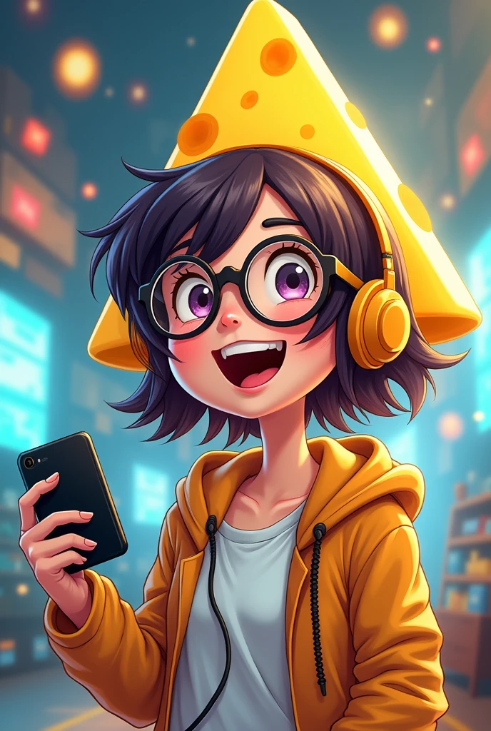 happy triangular gamer cheese girl with glasses animate