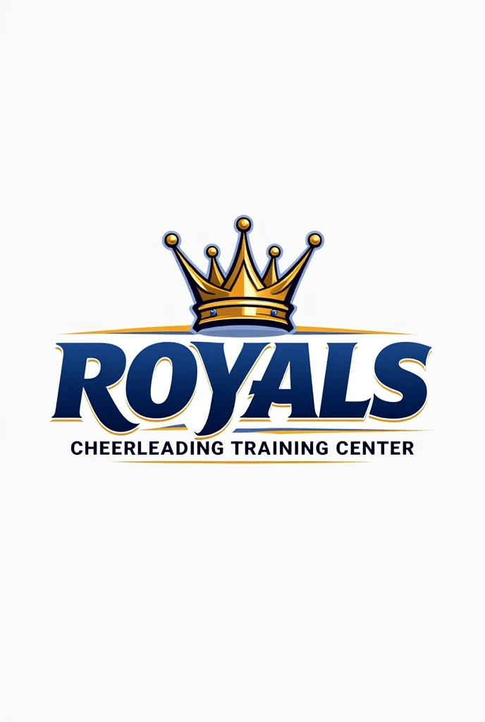 Un logo azul y dorado que diga Royals cheerleading training center y tenga una corona 