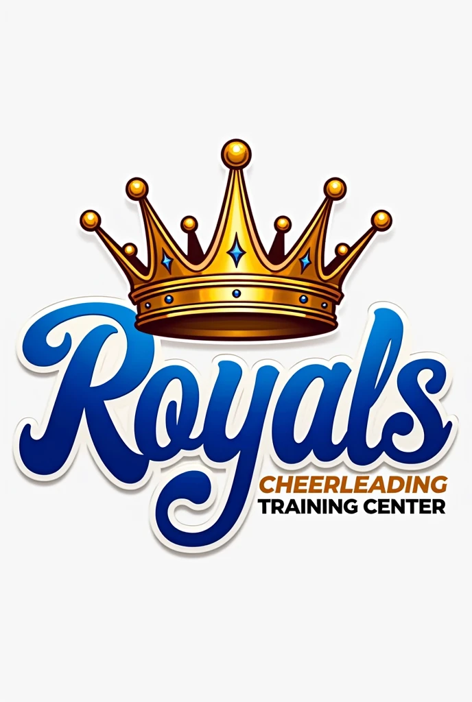 Un logo azul y dorado que diga Royals cheerleading training center y tenga una corona 