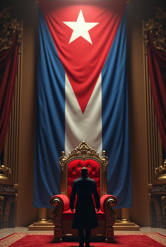 Man stealing a president's crown in a throne room with the Cuban flag.