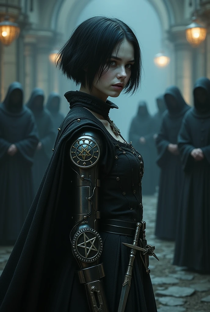 A pale girl with short black hair, from the middle ages 3D, realisitic, Arcane style, in dark alchemist clothes with a steampunk prosthetic left arm with a pentagram, cut on the face, Dagger at the waist, the night, with a religious group behind.