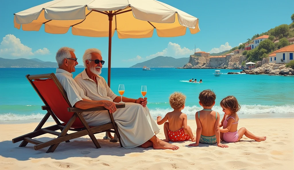 a hand drawn painting of an old, rich, beautiful looking arabic couple (husband & wife) sitting on the beach on a beautiful location in Greece, their kids and grandkids are playing on the beach in front of them, both of them are sitting on their beach chairs under an umbrella, they have nice drinks kept near them, everybody is happy and smiling. 8k, wide-angle, sharp, highly detailed, vibrant, vivid, Cold War Era, Oil Painting, painted by Alexander Jansson,