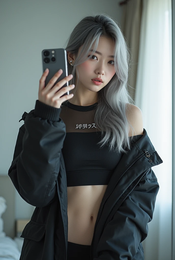 highly detailed, beautiful, hyper Realistic girl, masterpiece, best quality, Depict a mysterious and sophisticated beautiful Japanese gravure model,, 28-years-old, identity hidden, all body shot, / gray arranged hair, small head, Detailed face, cute and Pretty slim face, wide Duck mouth, perfect beautiful Tooth, arranged gray hair, shiny eyes, blue-colored eyes, Realistic skin, Detailed face, / detailed clothes, A sporty and modern outfit featuring a cropped top with a bold logo "AGPI", designed to accentuate the body’s contours. The top is paired with a breathable Rough mesh overlay that adds a stylish, athletic vibe. The cropped length of both tops creates a layered look. Completing the outfit is an oversized MOUNTAIN Parker that provides a cool and voluminous contrast, balancing the overall appearance and enhancing the active, urban aesthetic., //// simple white single room, gray frame mirror, complicated background /// takes a selfie in her room using a smartphone in front of a mirror with one hand, standing and fashion model Posing, all body below shot, looking away from the camera,