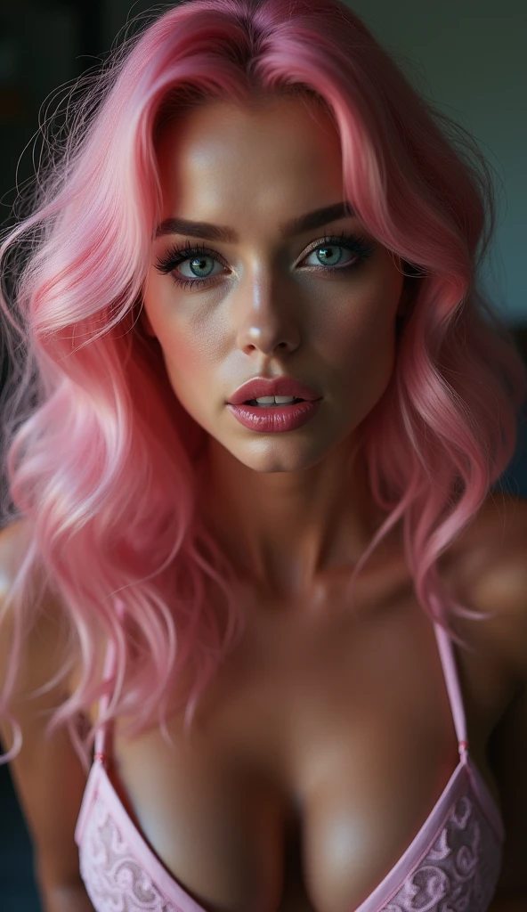 ultra realistic, photography, long pink hair, (wavy elegant hair, blue eyes, perfect round lips, 2, gorgeous face, voluptuous figure, perfect fit body, big enhanced breasts), femme fatale, Long eye lashes, Award Winning Glamour Photograph extremely detailed award winning glamour photograph, front lit, HDR, detailed woman face, photorealistic, sharpened eyes, (((eyes to the camera))), glossy pink lipstick, leaning forward and blowing, she has closed eyes, she is excited and wants to be penetrated, she is moaning